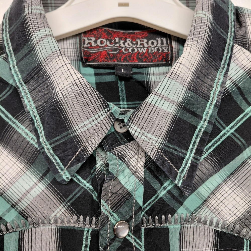 Rock & Roll Cowboy Shirt Men L Green Plaid Pearl Snap Thick Stitch Western Rodeo - Picture 3 of 16